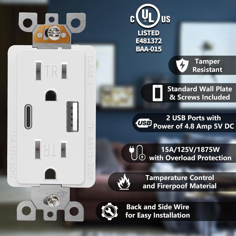 POWAWINI عبوة 2 - مخرج حائط 15 أمبير، مدرج من UL، منفذ USB C و USB A، اختبار ذاتي مع مؤشر LED، مقبس مقاوم للتلاعب مع لوحات حائط مزخرفة وبراغي (أبيض) - Image 2
